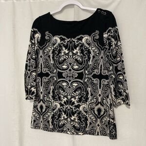 CHARTER CLUB black white paisley 3/4 sleeves scoop neck stretch top S